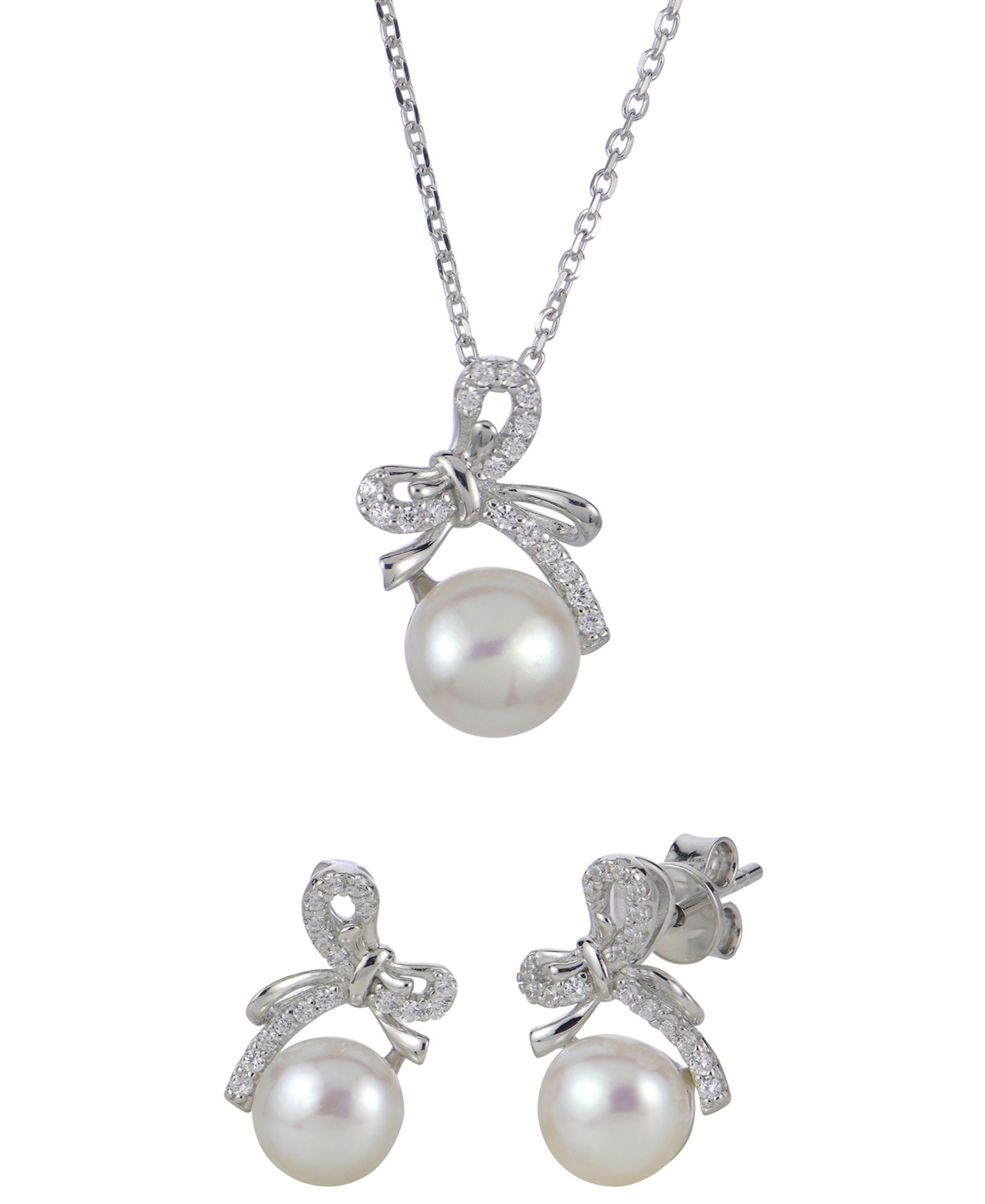 Macy's 2-Pc. Cultured Freshwater Pearl (7-8mm) & Lab Created White Sapphire Earring and Bow Pendant Necklace (0.309 ct. t.w.) Set in Sterling Silver