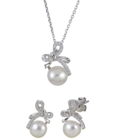 Комплект из 2-х колье и серег Macy's с культивированным речным жемчугом (7-8mm) и белым сапфиром в стерлинговом серебре