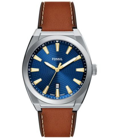 Fossil Мужские часы Everett, кожаный ремешок, коричневый, 42mm