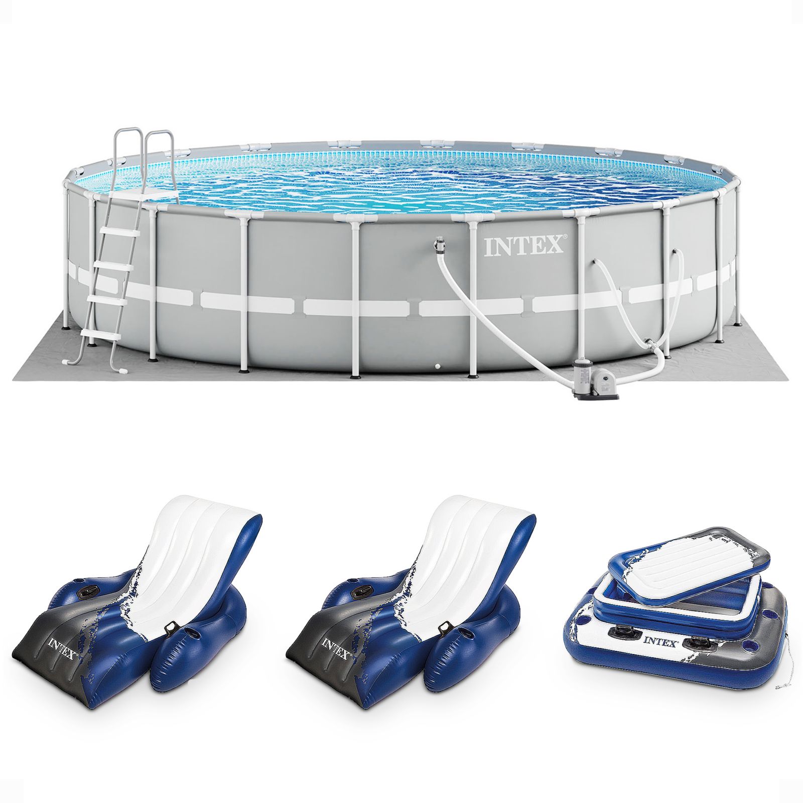 Intex Prism Frame 20ft x 52in Above Ground Pool, Lounger Float (2 Pack) and Cooler