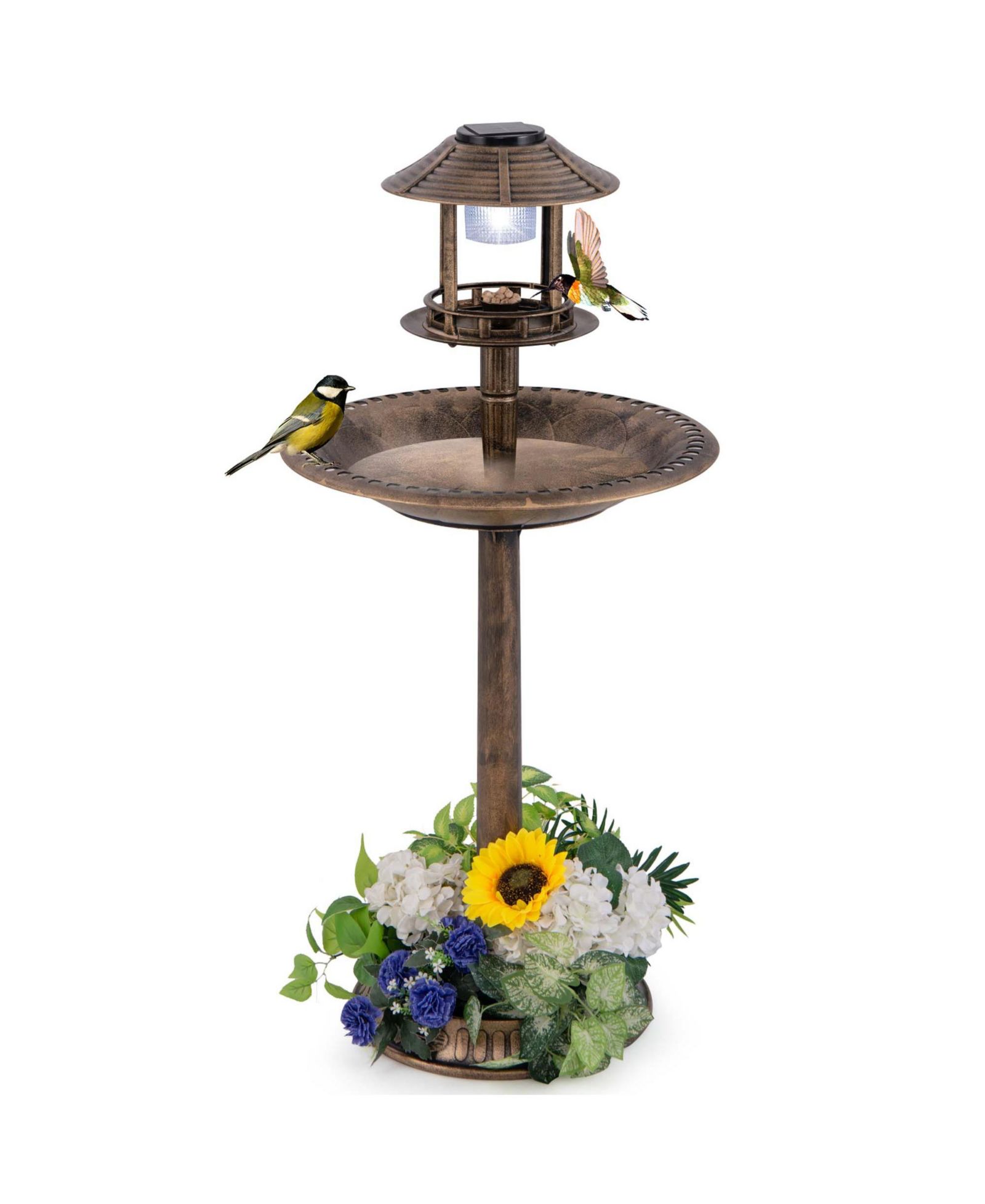 3-In-1 Pedestal Bird Bath with Solar Light with Bird Feeder & Flower Planter