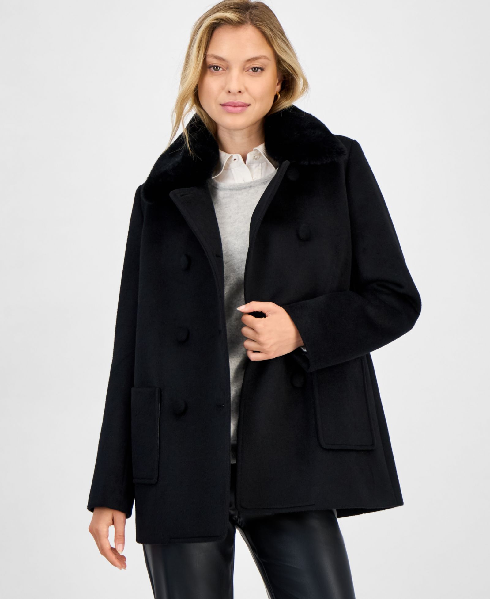 Cece Women's Double-Breasted Faux Fur Collar Coat