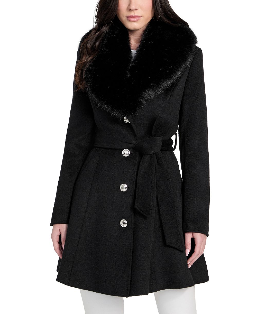 GUESS Women's Belted Faux-Fur-Collar Button-Front Coat, Created for Macy's