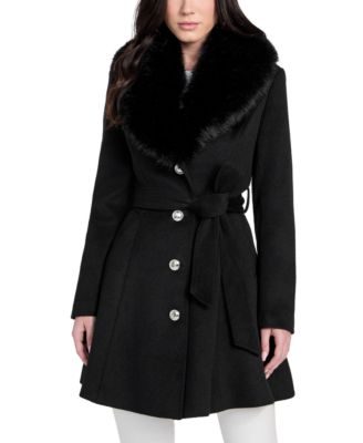 GUESS Women's Belted Faux-Fur-Collar Button-Front Coat, Created for Macy's