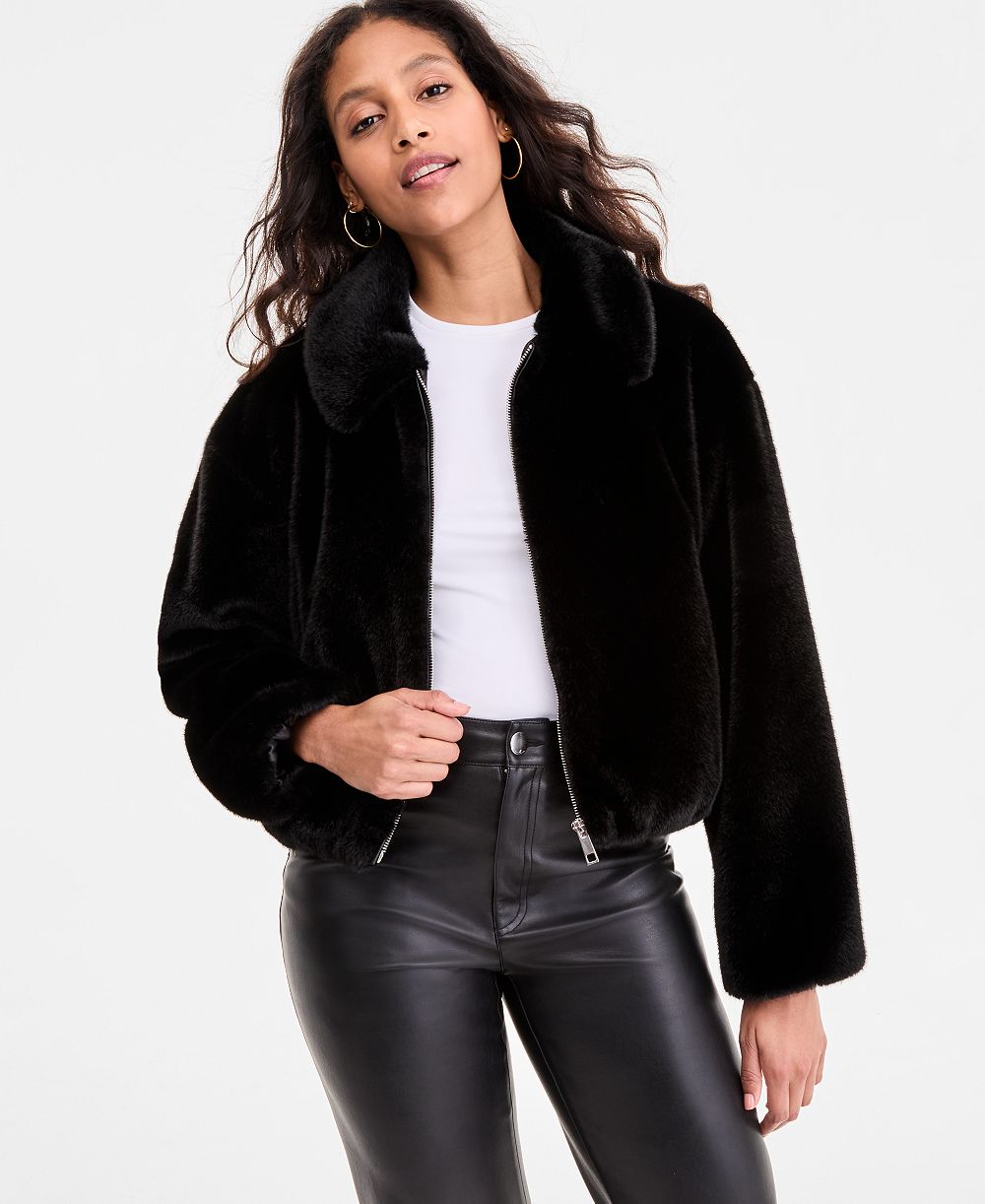 CeCe Women's Collared Faux-Fur Bomber Coat