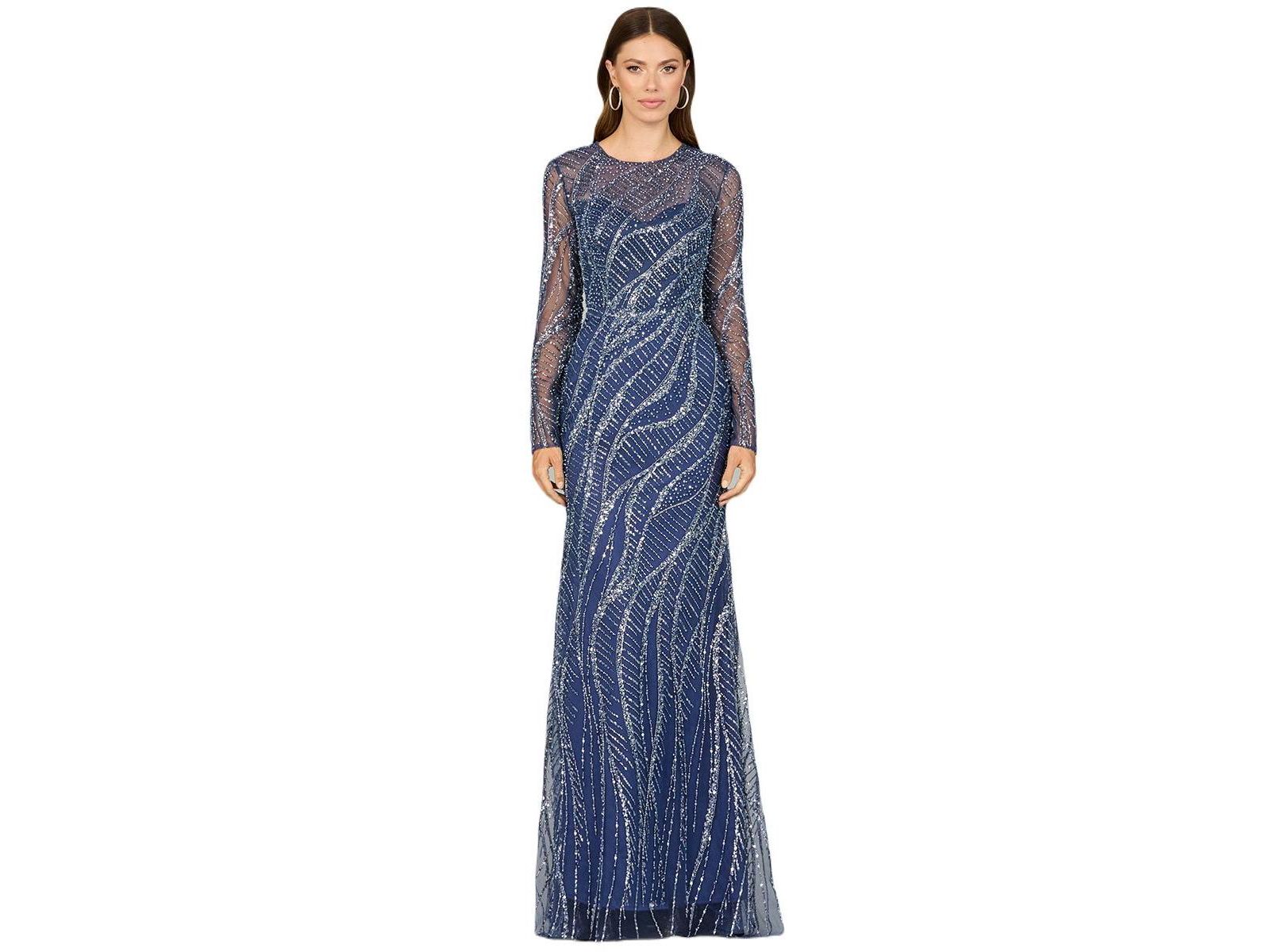 Lara Women's Long Sleeve Sheath Gown with Silver Beads
