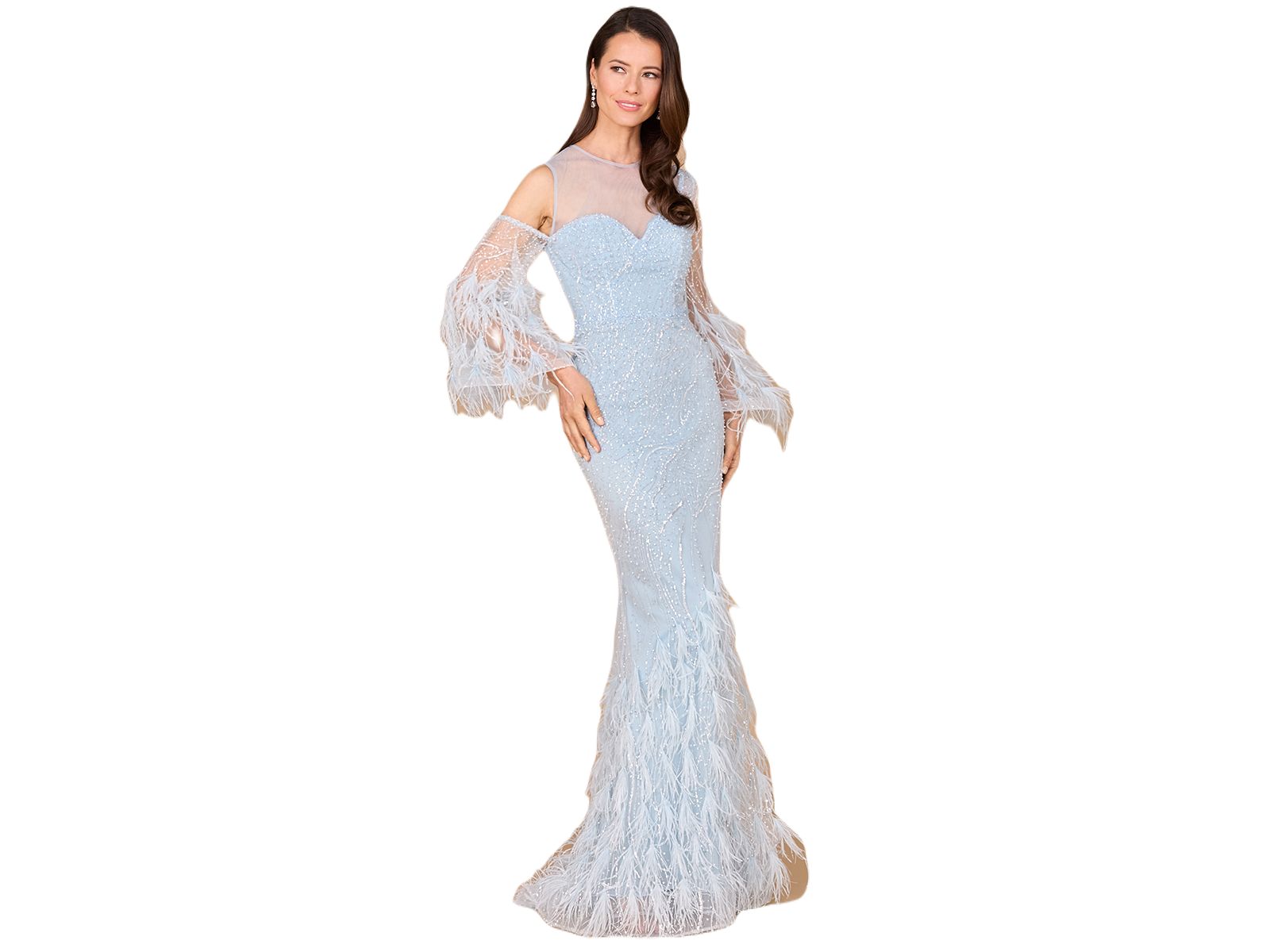 Женское вечернее платье Lara Cold Shoulder Mermaid Lace Gown with Feathers