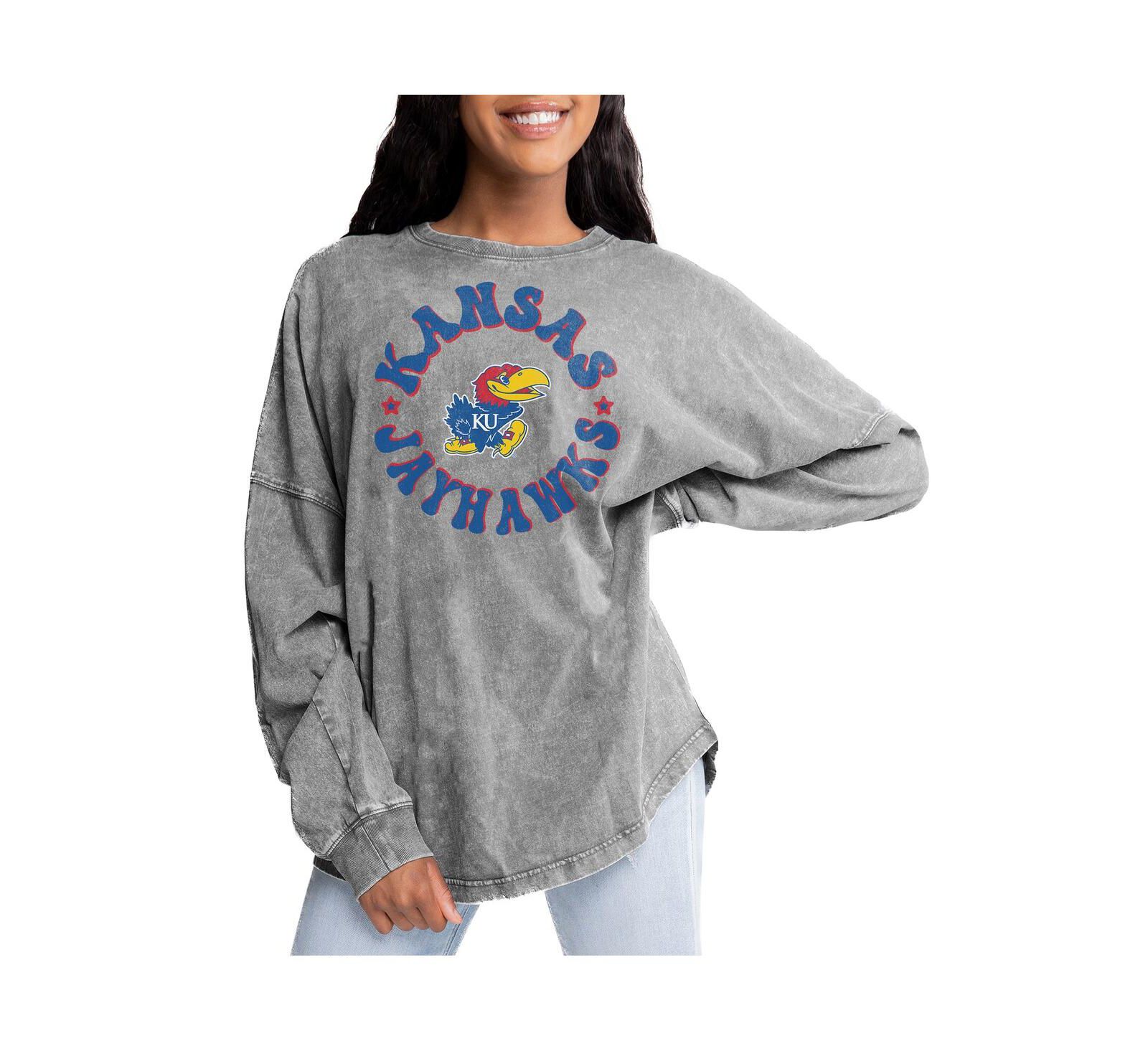 Gameday Couture Women's Gray Kansas Jayhawks Playing Around Faded Wash Oversized Long Sleeve T-Shirt