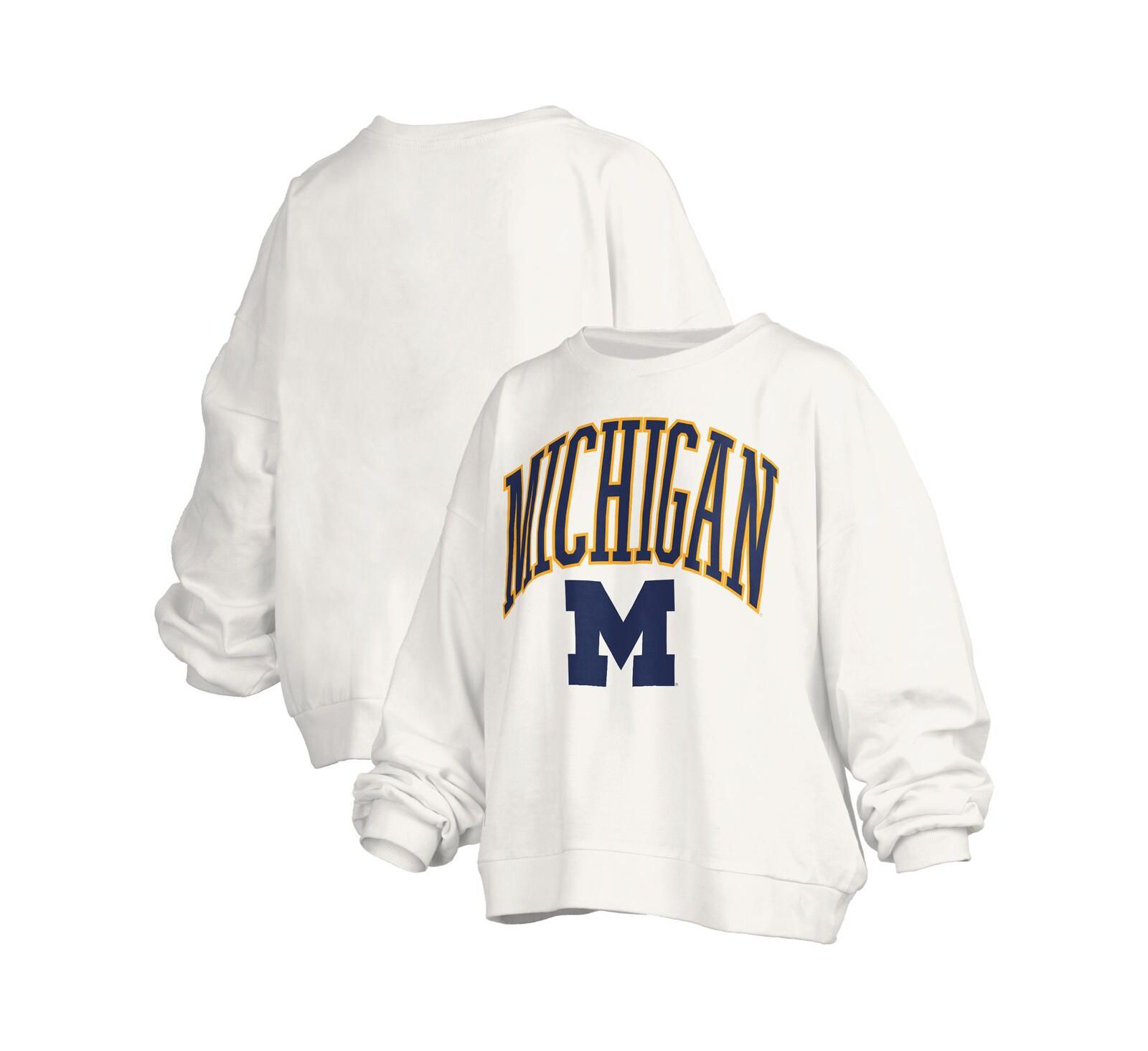 Женская свитшот Pressbox White Michigan Wolverines Janise Arch Over Logo Waist Length Oversized