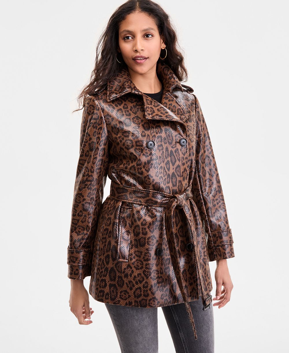 BCBGMAXAZRIA Women's Double-Breasted Faux-Leather Belted Trench Coat