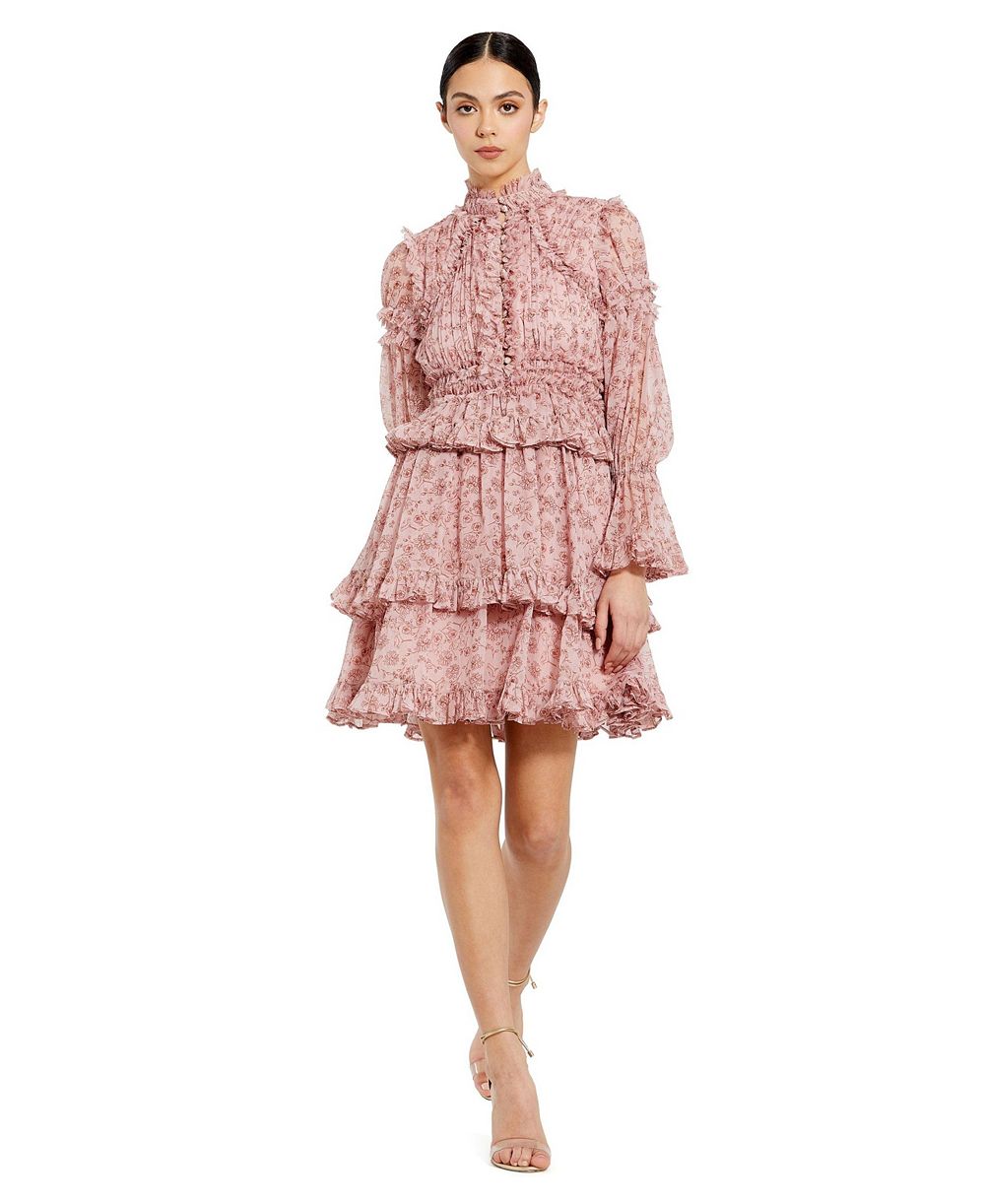 Mac Duggal женское мини-платье с длинным рукавом, открытым передом, высоким воротом и оборками
