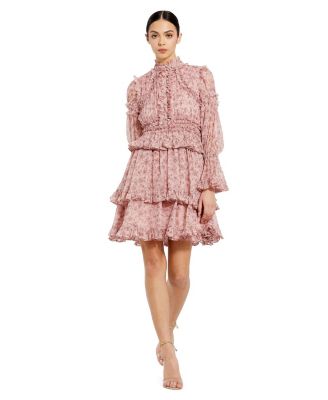 Mac Duggal женское мини-платье с длинным рукавом, открытым передом, высоким воротом и оборками
