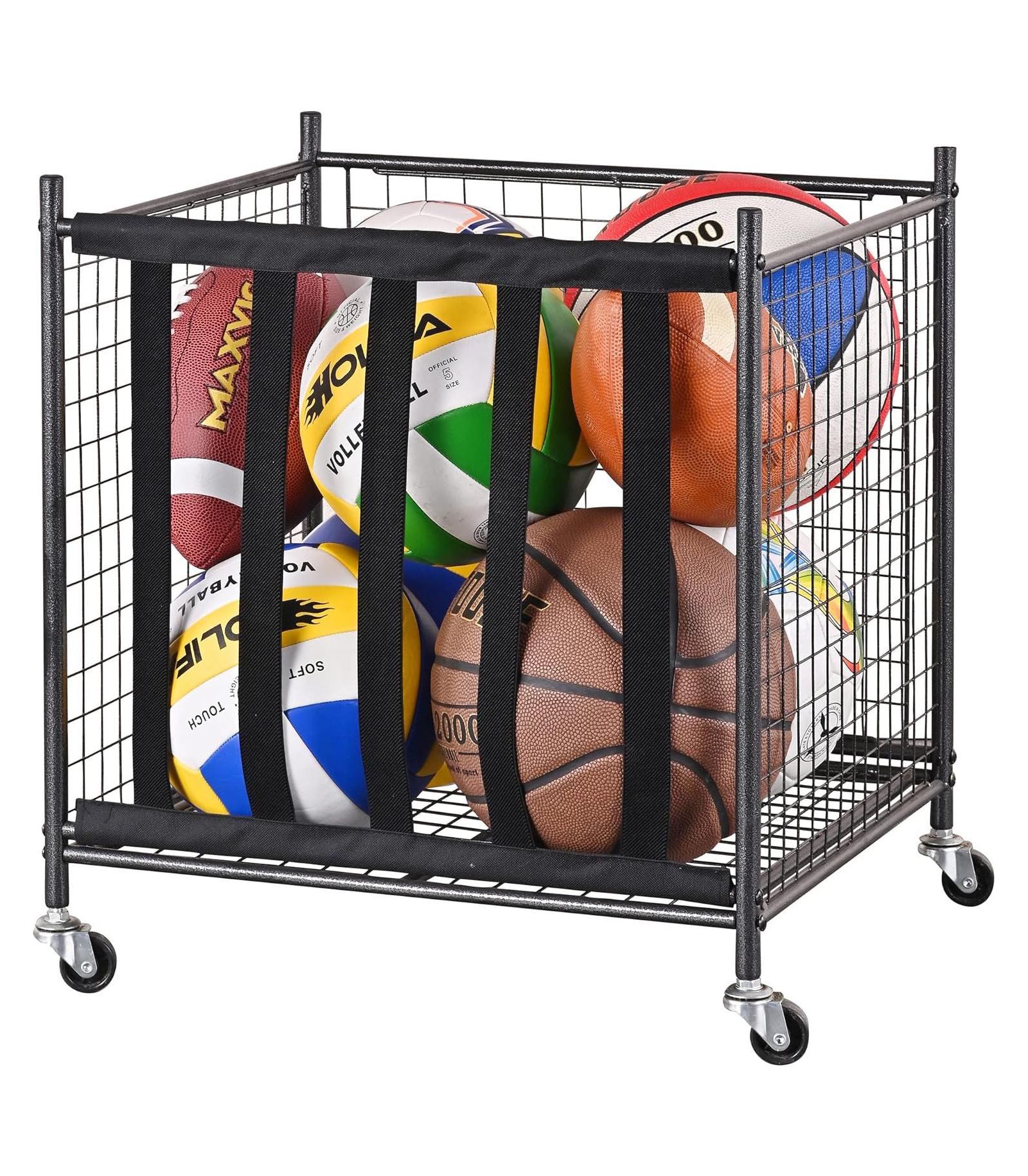 Mythinglogic 44 lbs Weight Capacity Rolling Sports Ball Storage Cart with Elastic Straps