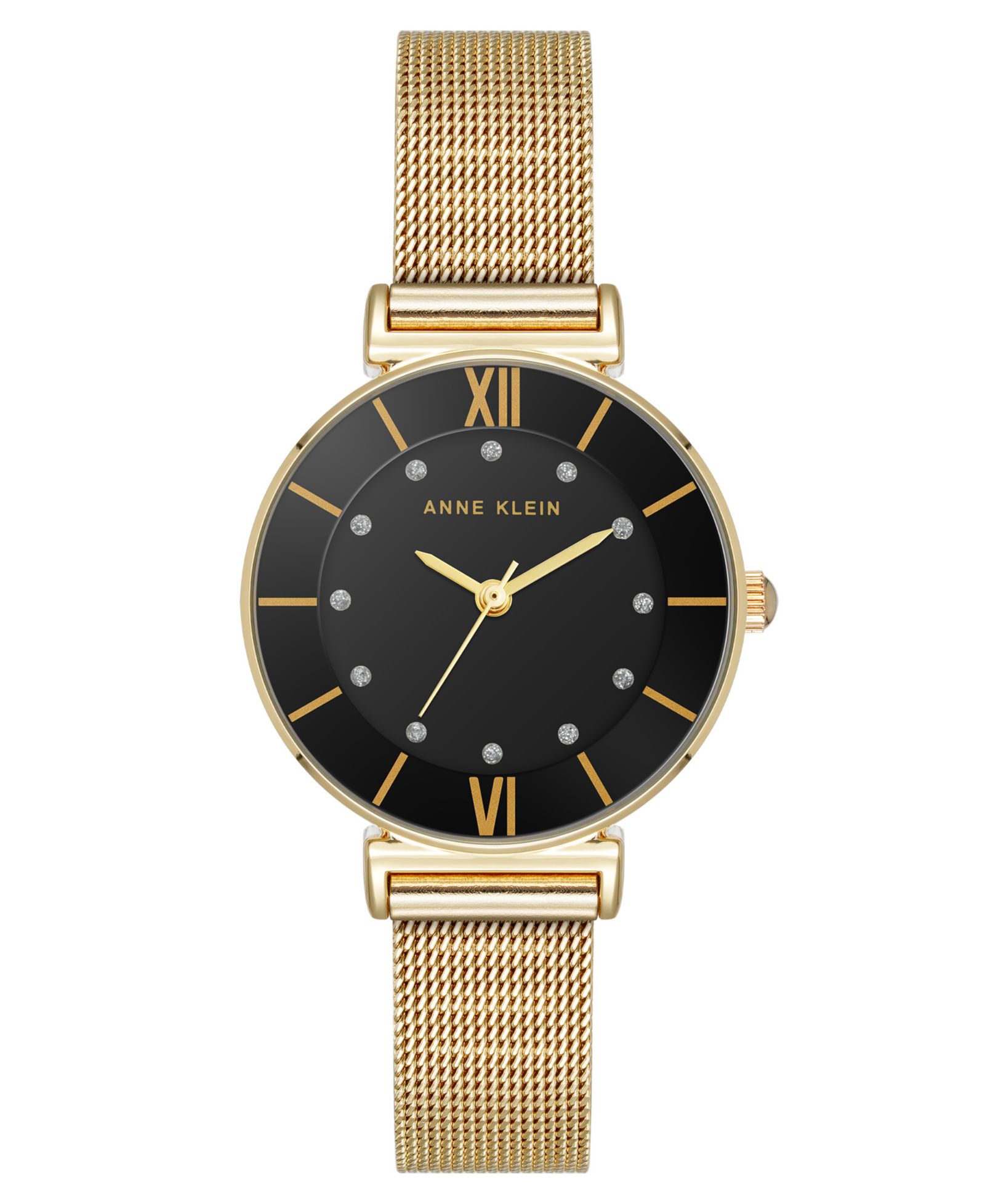 Женские часы Anne Klein Premium Round Gold-Tone Stainless Steel Mesh and Black Dial 29mm