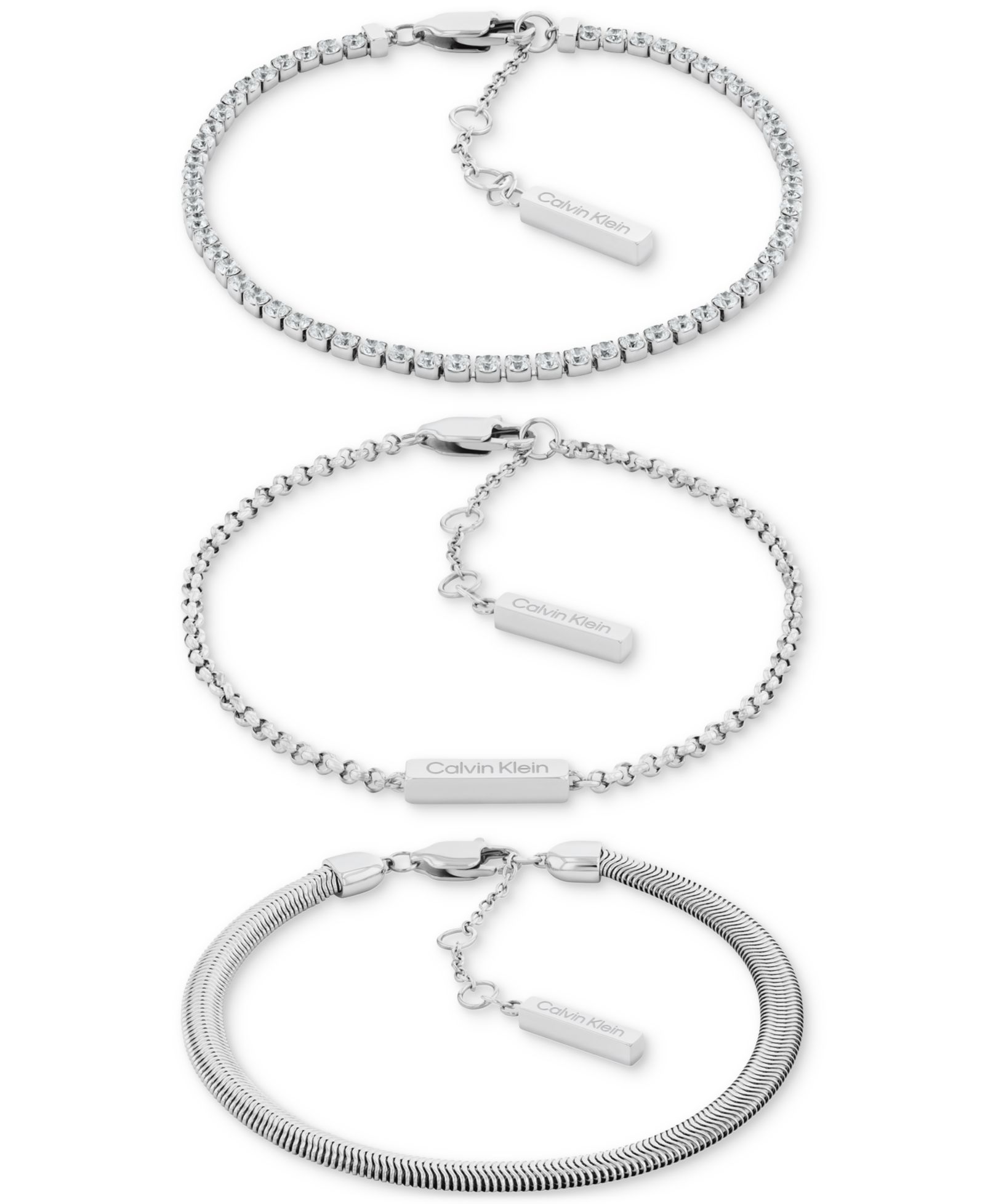 Calvin Klein Stainless Steel 3-Pc. Set Crystal Mixed Chain Bracelets