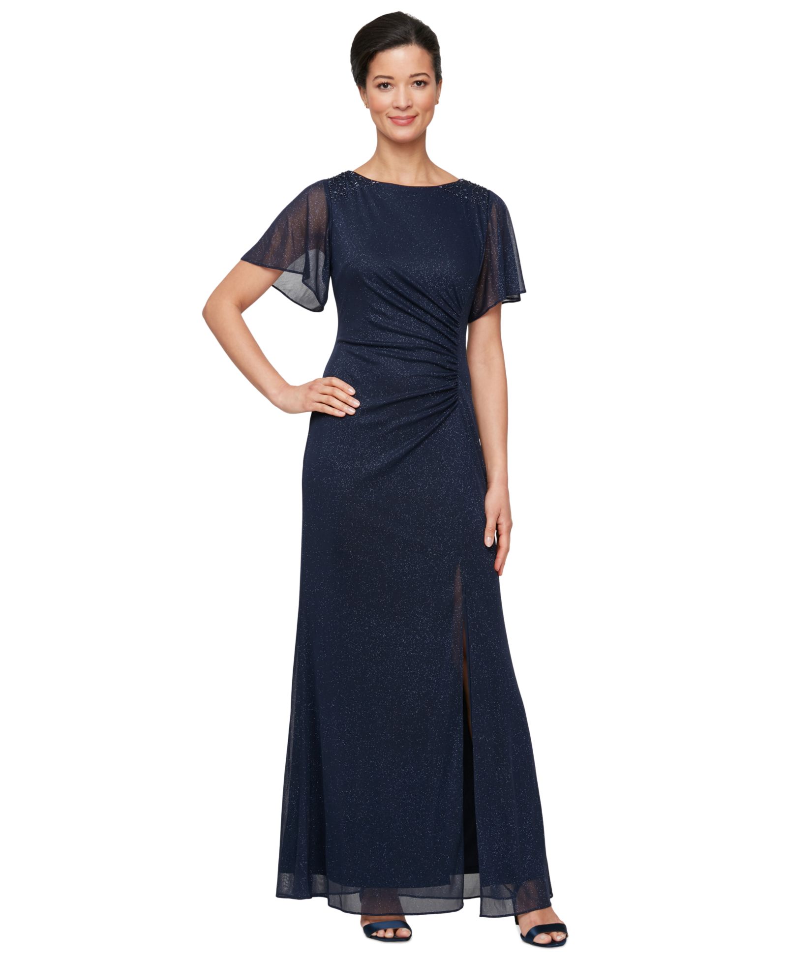 SL Fashions Petite Flutter-Sleeve Embellished Glitter Gown