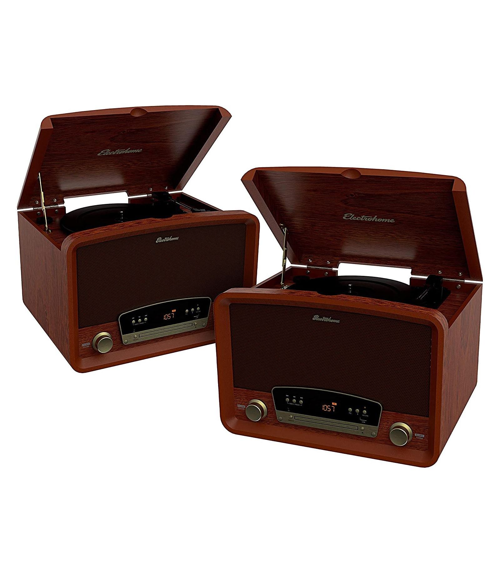 Electrohome Kingston 7-in-1 Vintage Bluetooth Vinyl Record Player Stereo System, 2-Pack