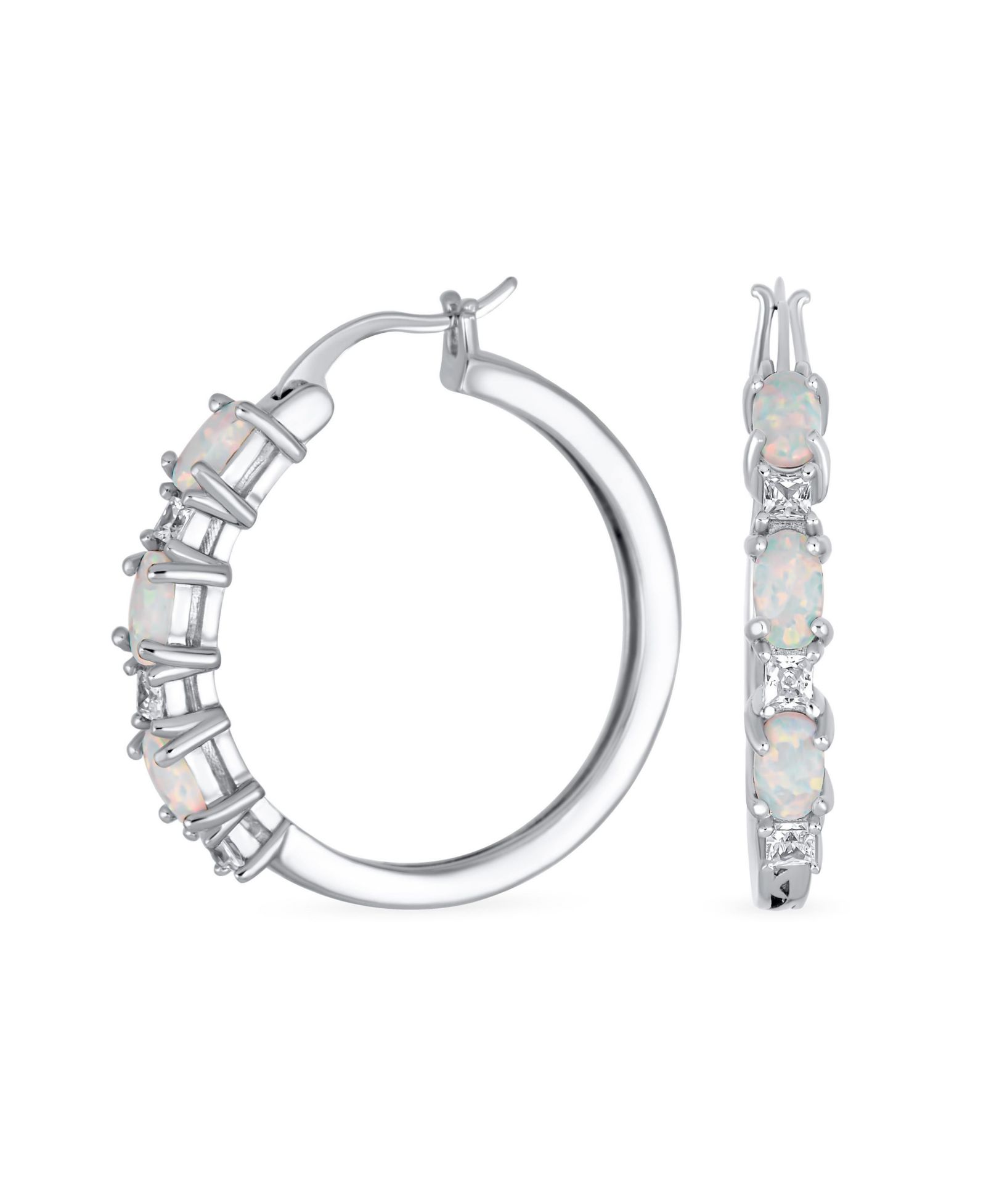 Bling Jewelry Classic White Created Opal Hoop Earrings CZ Accent .925 Sterling Silver 1