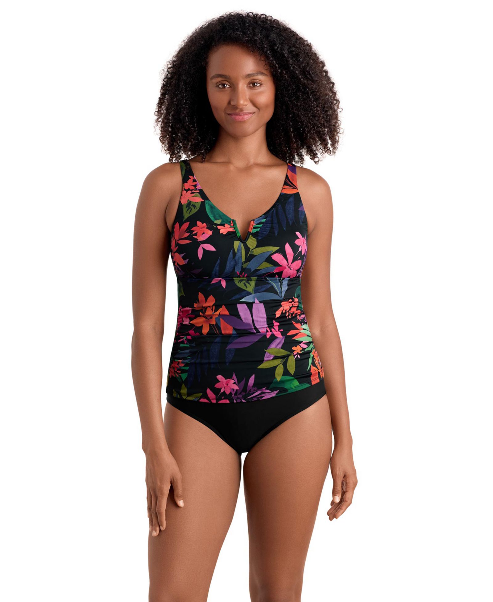 ShapeSolver Women's Solid Black V-Wired Shirred Tankini Swimsuit Top