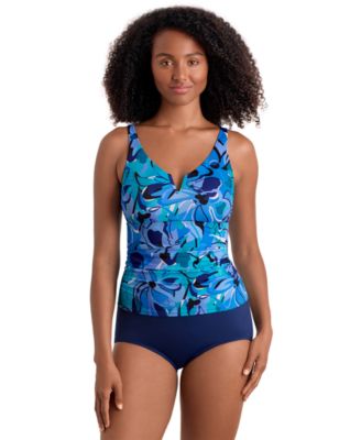 ShapeSolver Women's Solid Black V-Wired Shirred Tankini Swimsuit Top