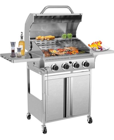 COWSAR 4-Burner Gas BBQ Grill, 32,000 BTU, Stainless Steel