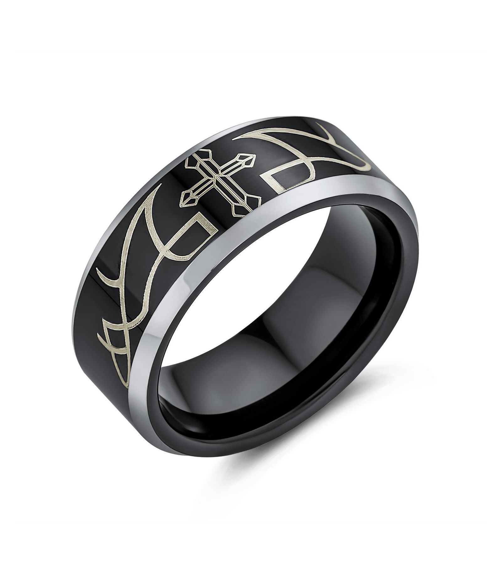 Bling Jewelry Religious Laser Etched Black Cross Band Ring Titanium 8MM Comfort Fit