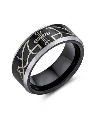 Bling Jewelry Religious Laser Etched Black Cross Band Ring Titanium 8MM Comfort Fit