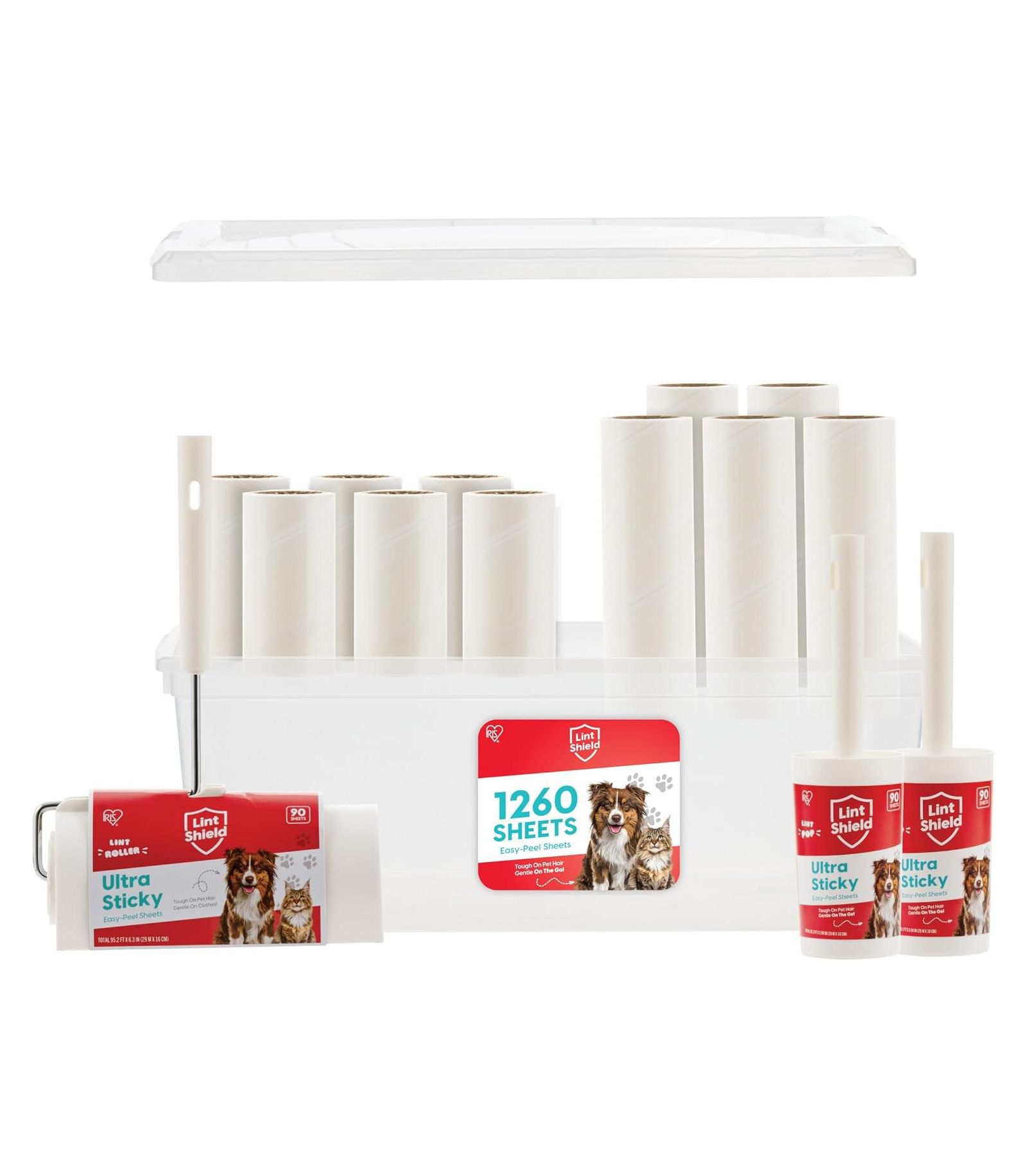 IRIS USA Extra Sticky Lint Roller, Value Pack Comes with Storage Box, Standard and T-Handle Roller, Refills, 90 Sheets/Roll, 1260 Sheets Total