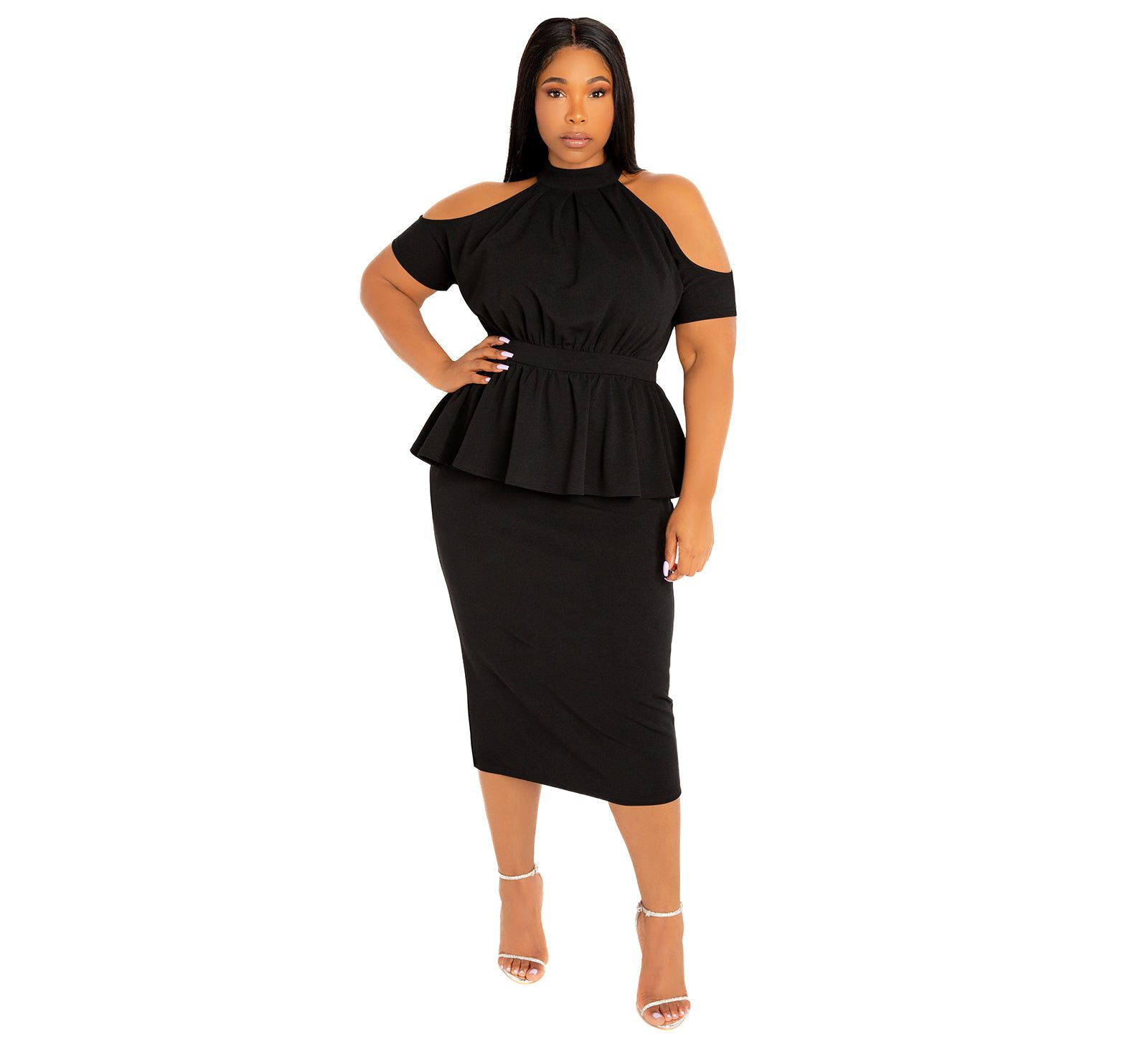 Платье миди Buxom Couture Plus Size Cut-out Shoulder Peplum