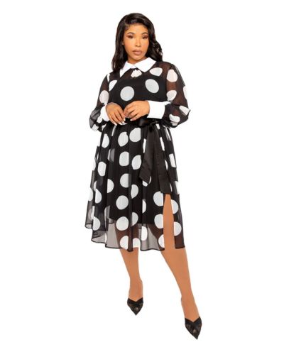 Buxom Couture Plus Size Contrast Collar Polka Dot Shirt Dress