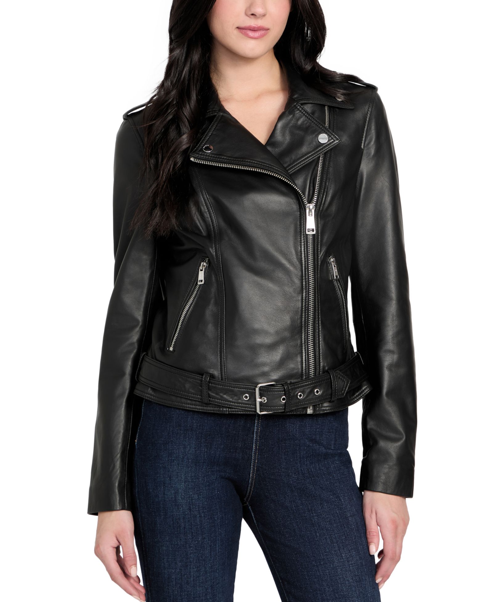 GUESS Women's Asymmetric Belted Leather Moto Jacket, Created for Macy's
