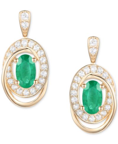 Серьги Macy's Emerald & Diamond Oval Swirl Drop in 14k Gold