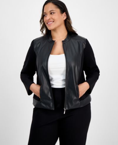 AK Anne Klein Plus Size Mixed-Media Zip-Front Jacket