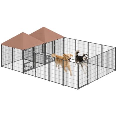 PawHut Dog Kennel Outdoor with Rotating and Adjustable Height Bowls, 2 Rooms