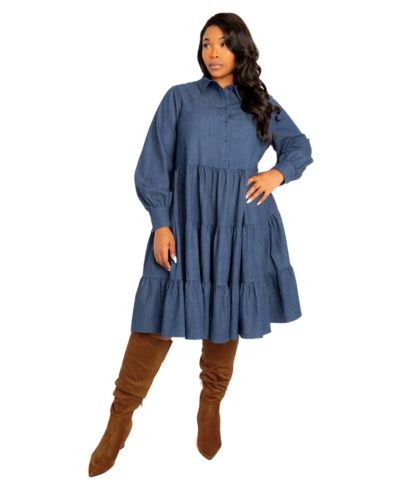 Buxom Couture Plus Size Denim Long Sleeve Tiered Shirt Dress
