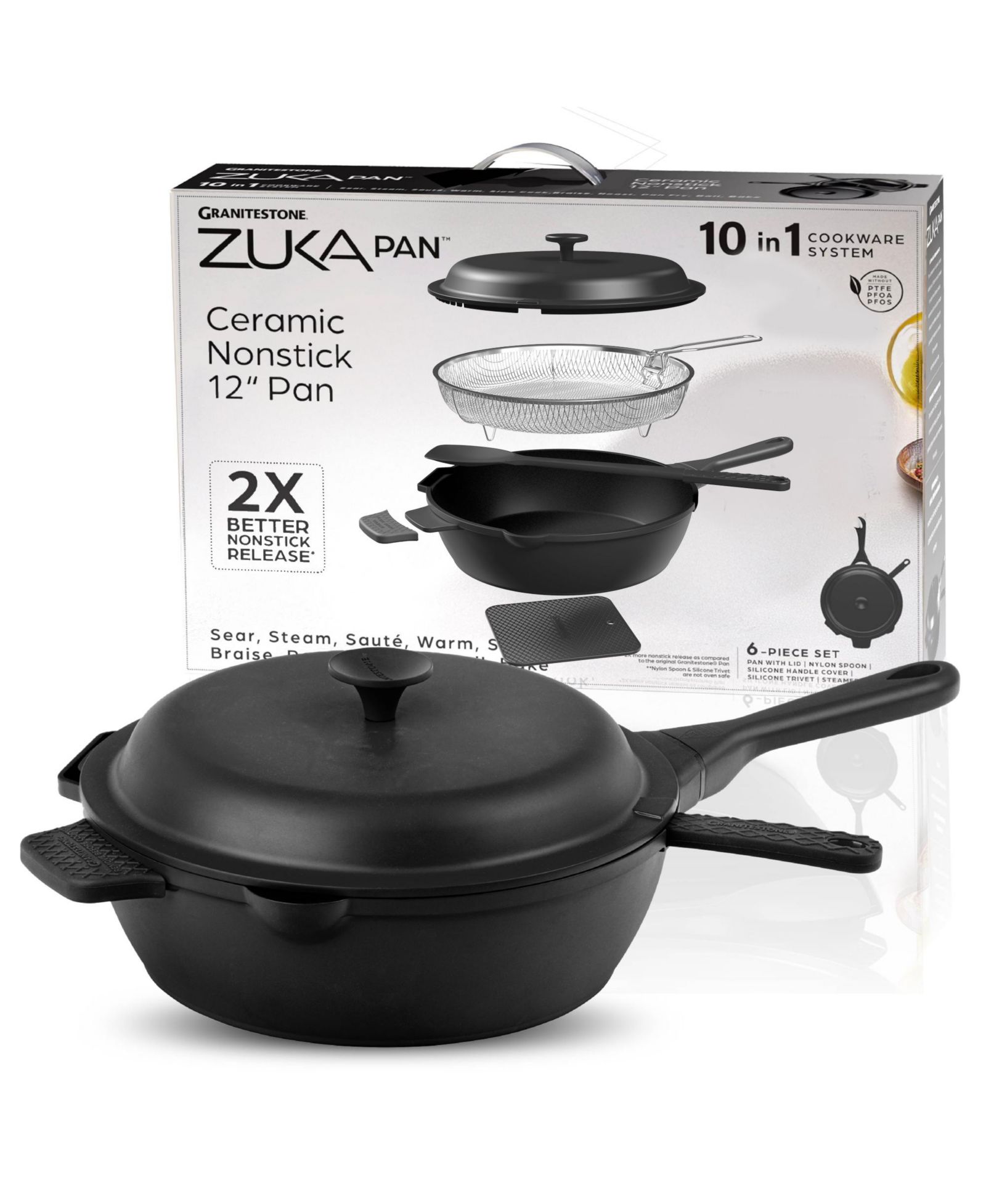 Zuka Everyday Pan 4.25 Qt. Ceramic 10 in 1 Nonstick Multi-Functional Saute Pan with Lid, Nylon Spoon, & Steamer Basket