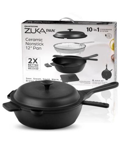 Zuka Everyday Pan 4.25 Qt. Ceramic 10 in 1 Nonstick Multi-Functional Saute Pan with Lid, Nylon Spoon, & Steamer Basket