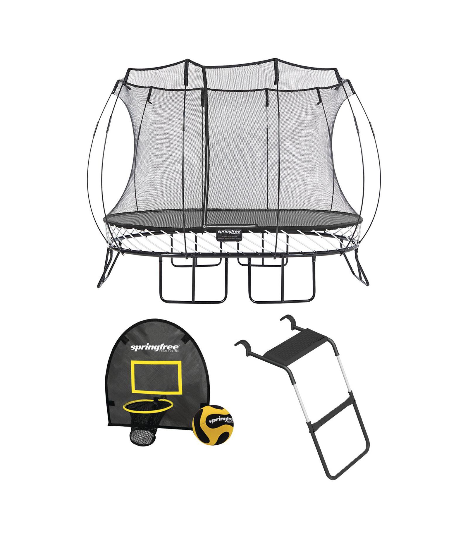 Springfree Trampoline 8 ft x 13 ft Medium Oval + FlexrHoop + FlexrStep V2 Bundle – Springless Fun with Goal Hoop and Ladder Attachment Accessories