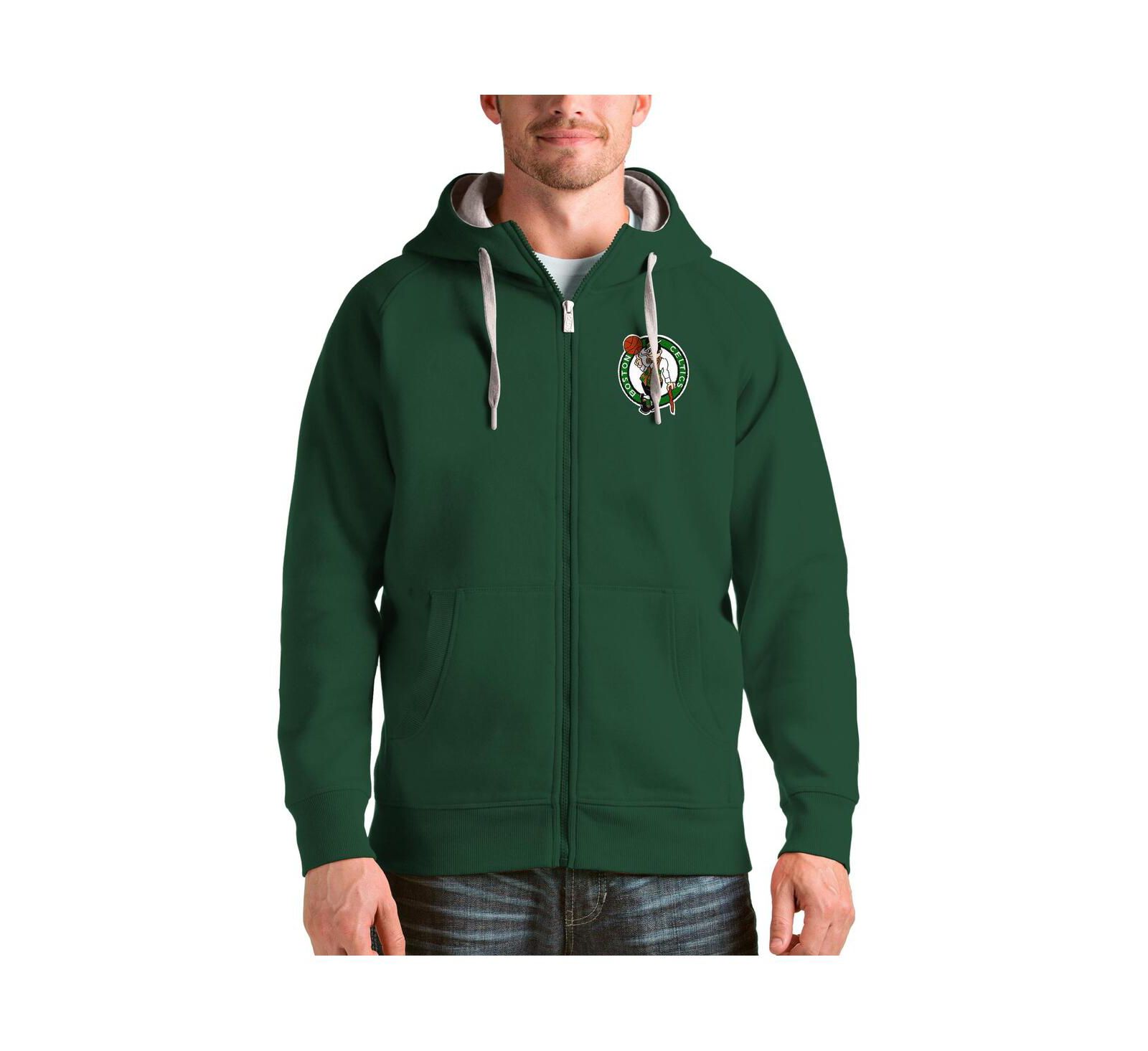 Мужское худи Antigua Men's Hunter Green Boston Celtics Logo Victory Full-Zip