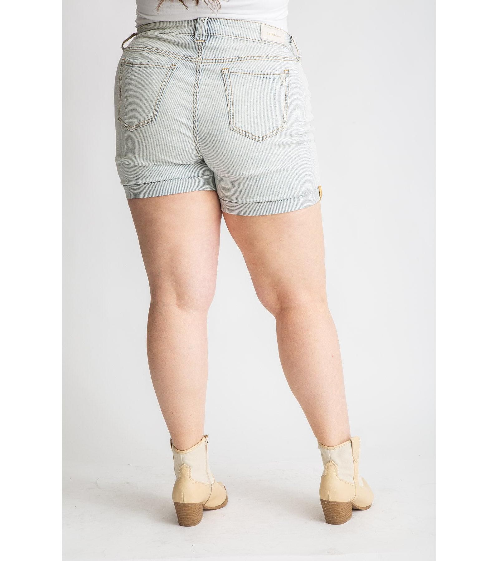 SLINK Jeans Plus Size Denim Mid Rise Shorts rolled in 5.5" inseam- Denim Stripes