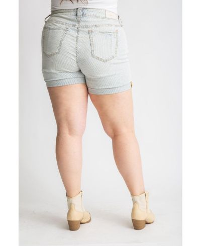 SLINK Jeans Plus Size Denim Mid Rise Shorts rolled in 5.5" inseam- Denim Stripes