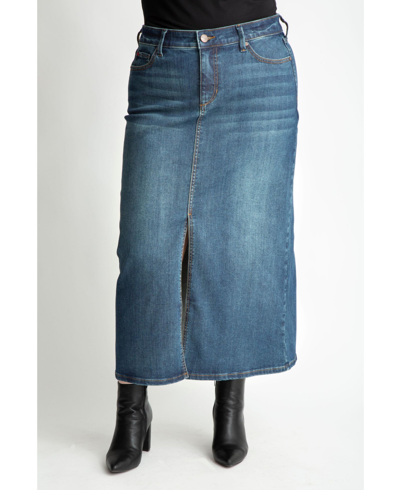 SLINK Jeans Plus Size Denim Maxi Skirt in 37"length with front slit - Brielle