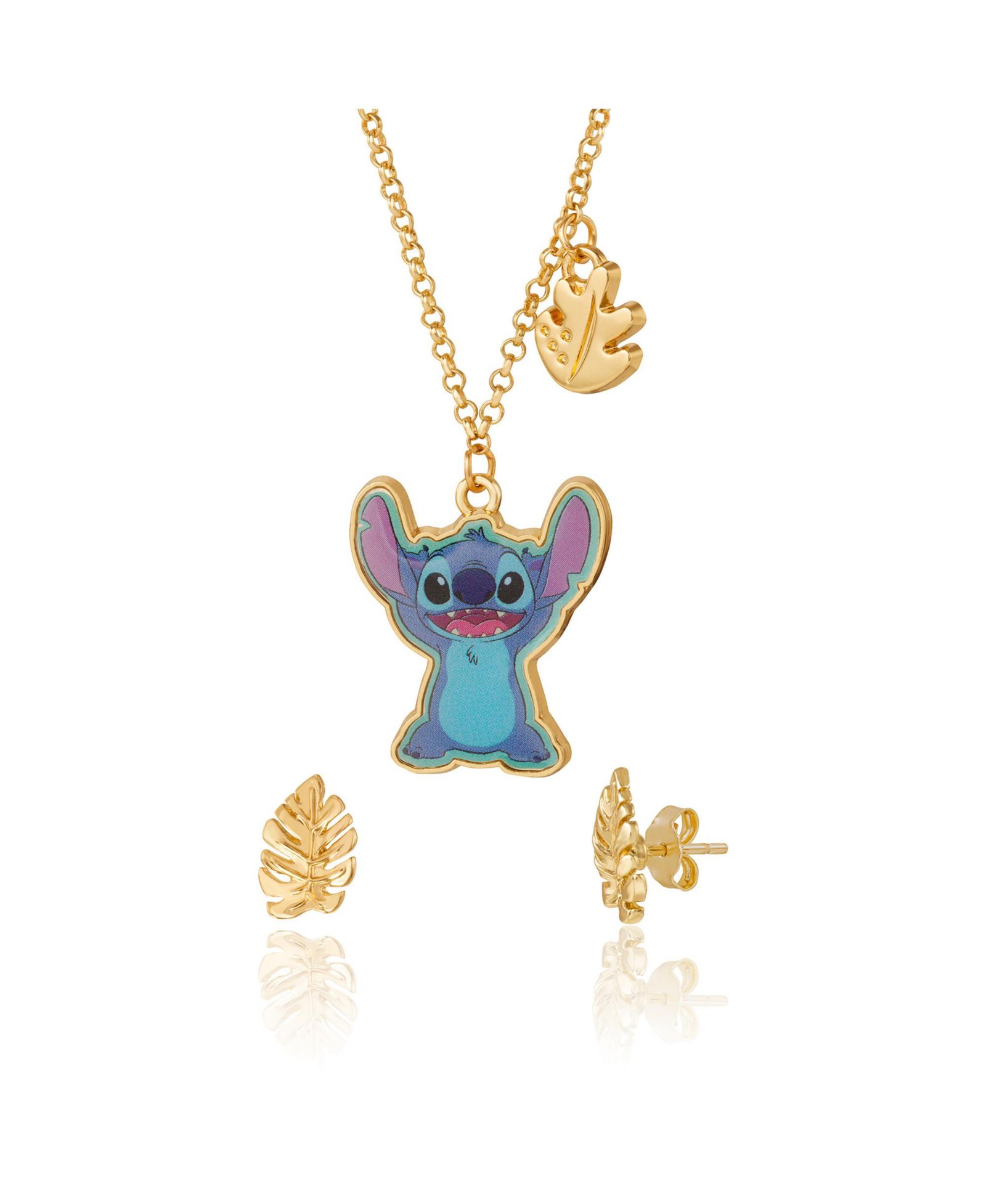 Disney Stitch Jewelry Set Official License with 16+3 Necklace and Palm Leaf Earrings, Tone Fashion Necklace and Stud Earrings