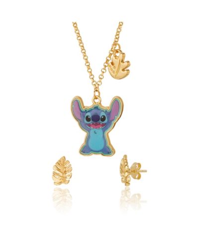 Disney Stitch Jewelry Set Official License with 16+3 Necklace and Palm Leaf Earrings, Tone Fashion Necklace and Stud Earrings