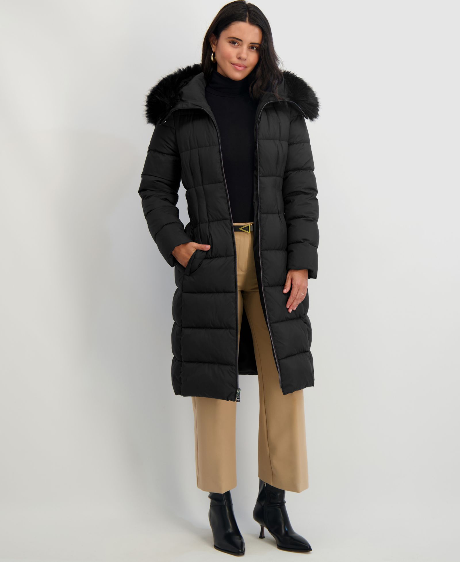 Женское утепленное пальто Tahari Faux-Fur-Trim Hooded Belted Puffer