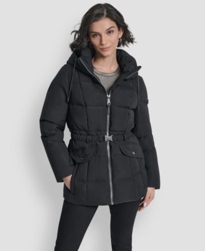 DKNY Women's Belted Hooded Puffer Coat