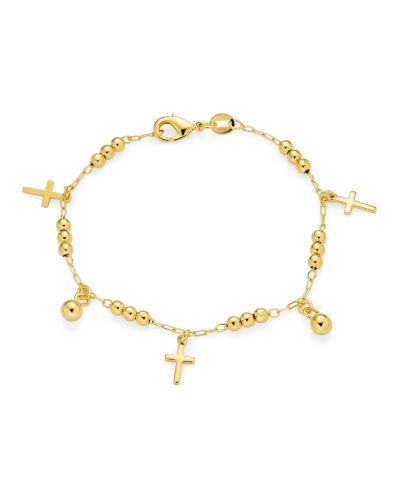 Bling Jewelry Multi Cross Charm Bracelet Religious Beads Bells Dangle Yellow Gold Plated
