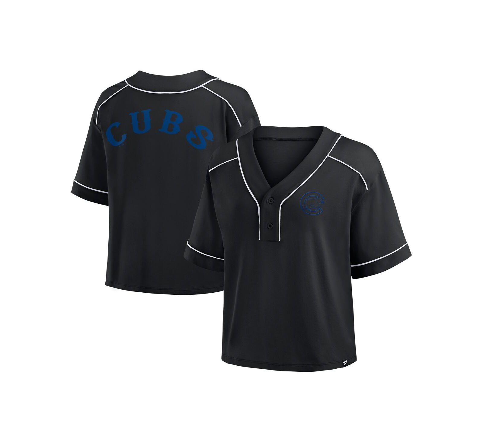 Fanatics Women's Black Chicago Cubs Oversized Champ Game Cropped V-Neck T-Shirt