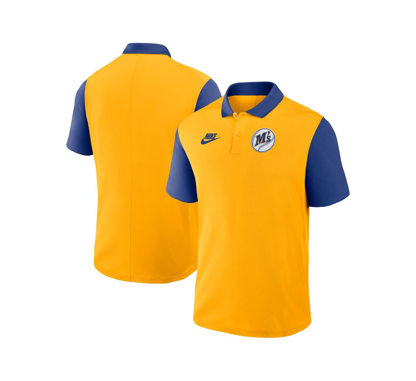 Nike Мужская рубашка поло Gold/Royal Seattle Mariners Cooperstown Collection Color-Block Victory Performance