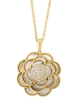 EFFY® Mother of Pearl & Diamond (1/5 ct. t.w.) Flower Pendant Necklace in 14k Gold, 17" + 1" extender